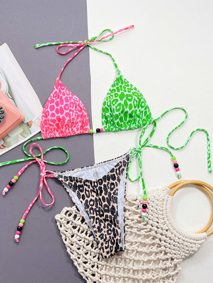 Wild Fusion: Animal Print Leopard String Bikini with Pink & Green Split Top
