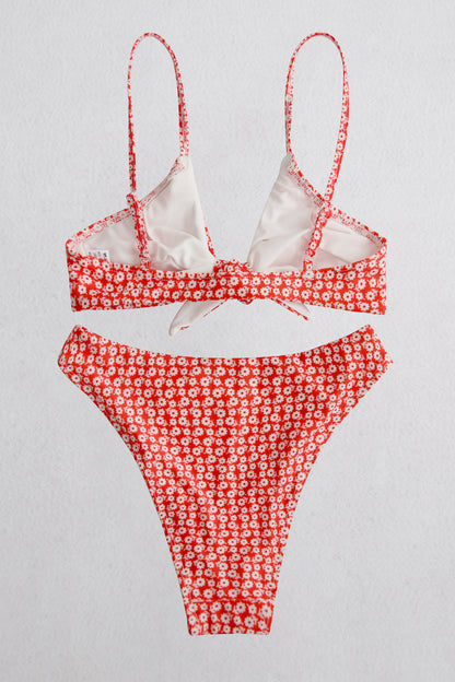 Leopard Front Tie Spaghetti Strap High Cut Bikini Set