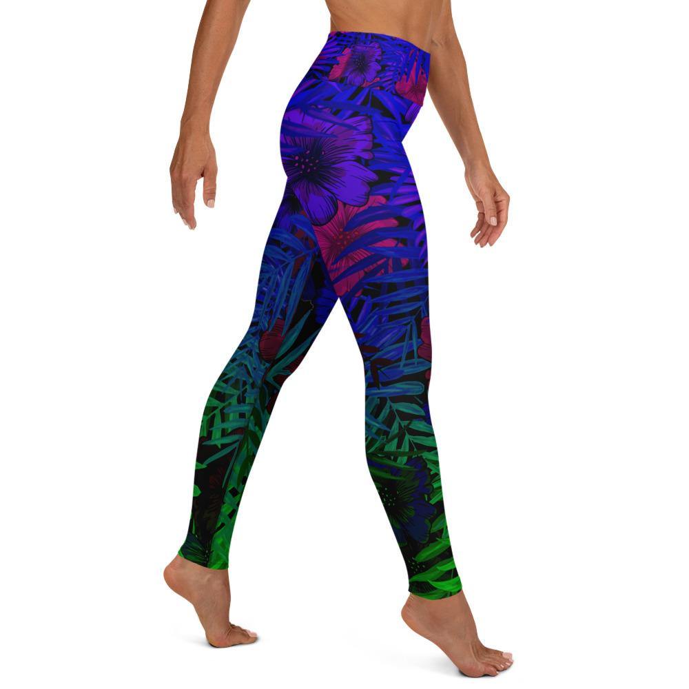 Neon Dark Tropical Flowers Purple to Green - High Waist Yoga Leggings - JML Design Yoga