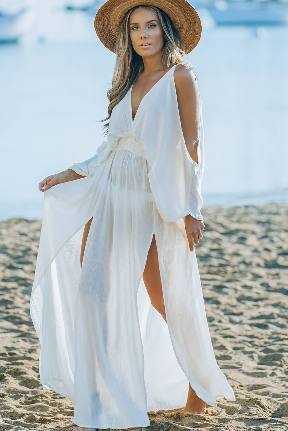 Cold-Shoulder Split Surplice Maxi Beach Dress