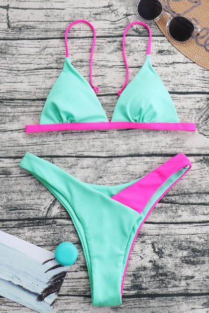 Riptide Green and Bright Pink: Adorable  Contrast Ribbed Bikini Set