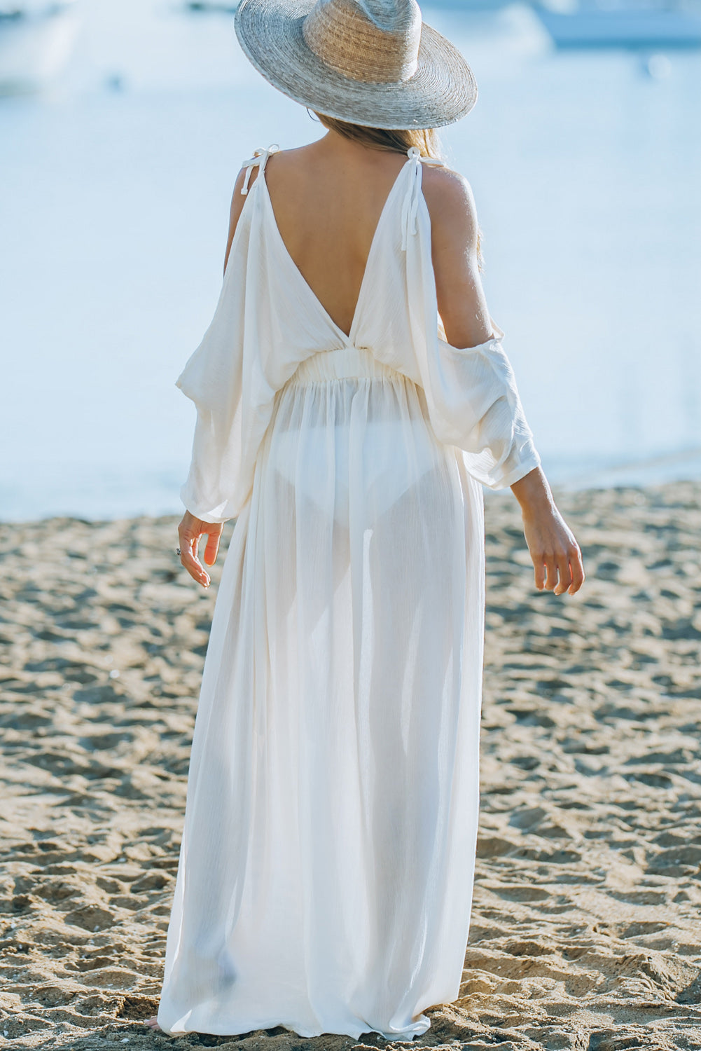 Cold-Shoulder Split Surplice Maxi Beach Dress