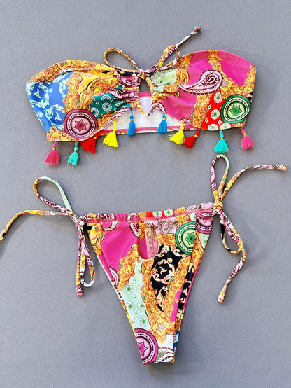Tropical Temptress Miami Tassels Printed Tied Strapless Bikini Set