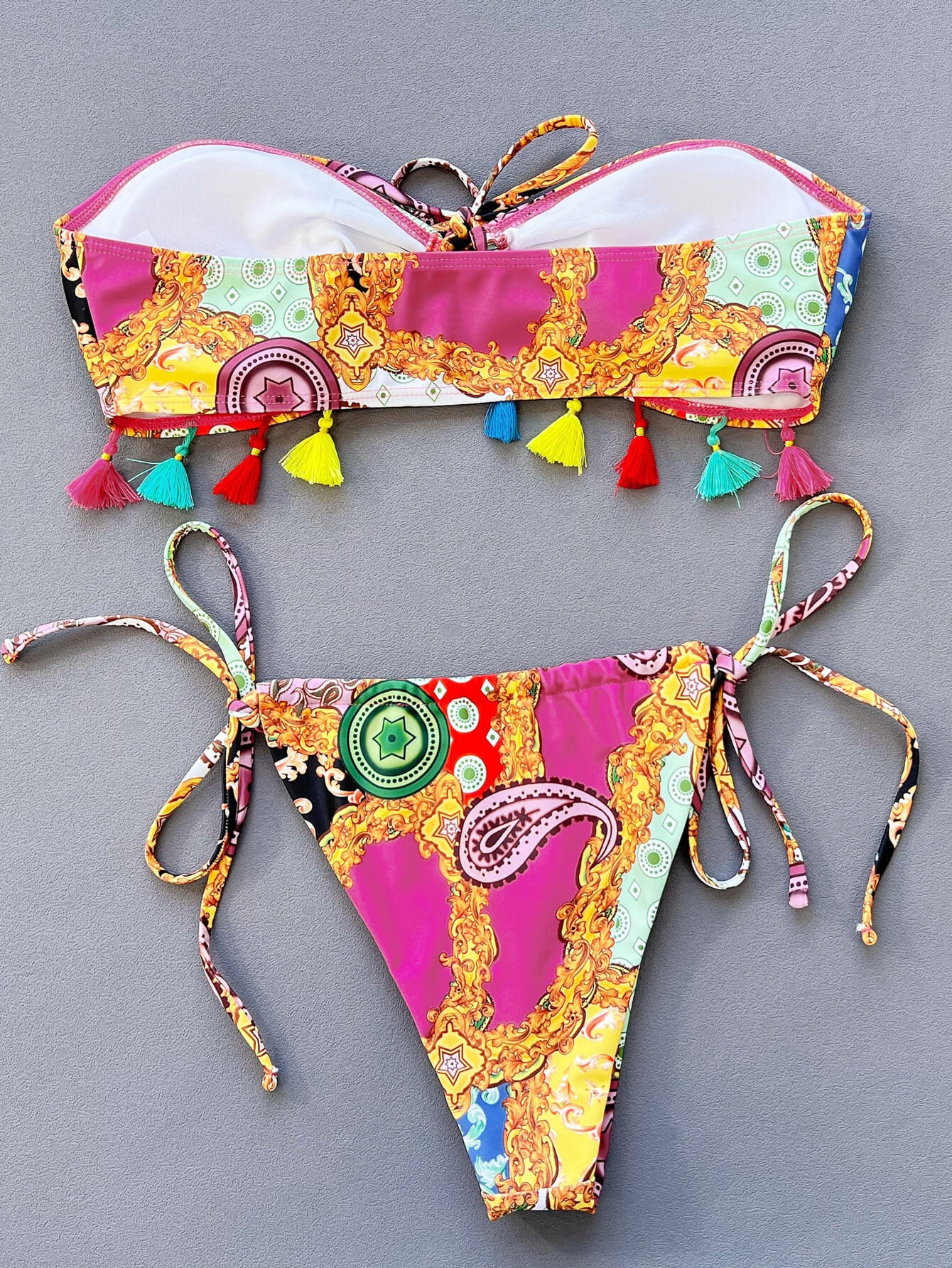 Tropical Temptress Miami Tassels Printed Tied Strapless Bikini Set