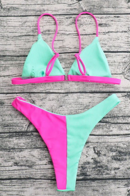 Riptide Green and Bright Pink: Adorable  Contrast Ribbed Bikini Set