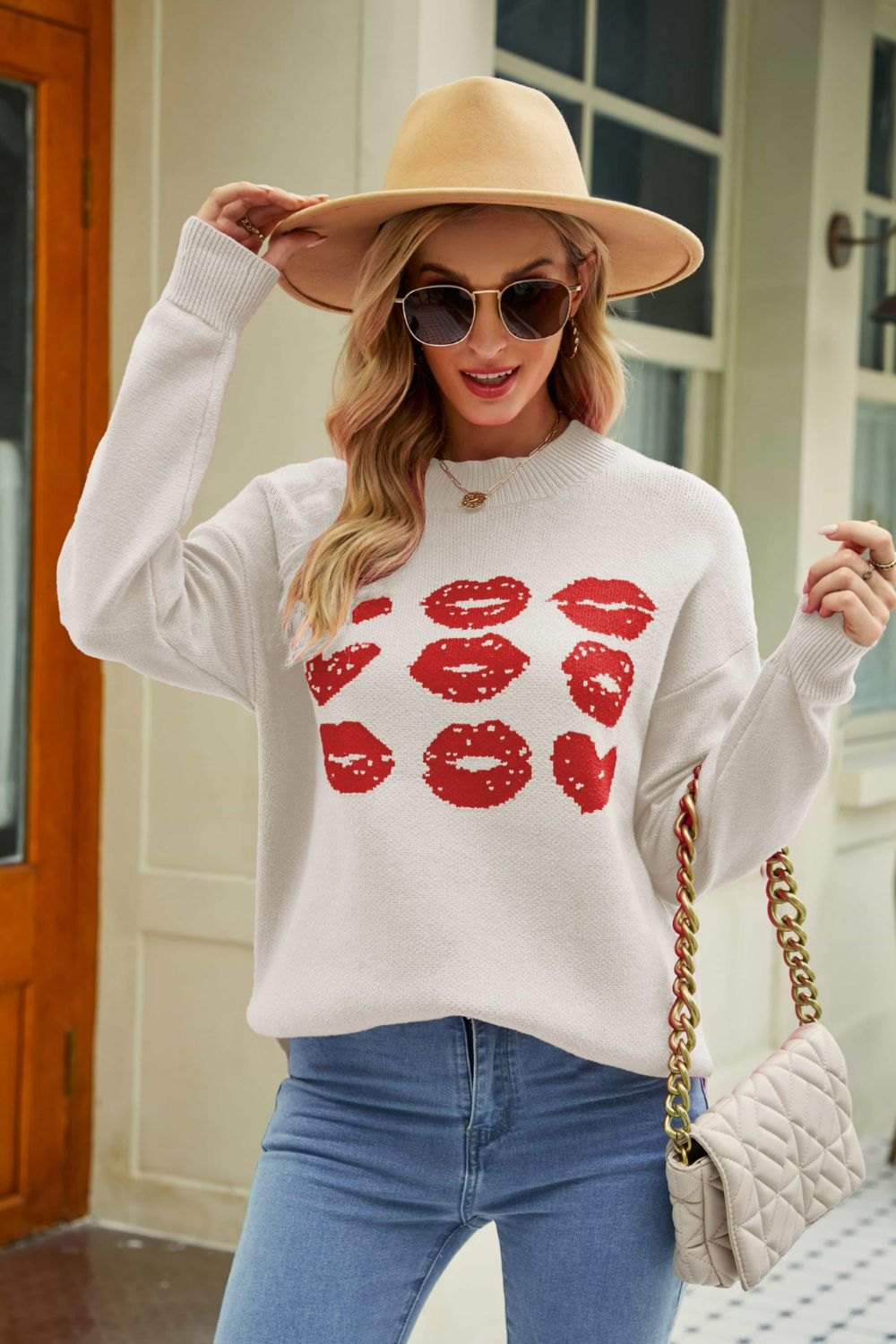 Lips and Kisses Dropped Shoulder Sweater