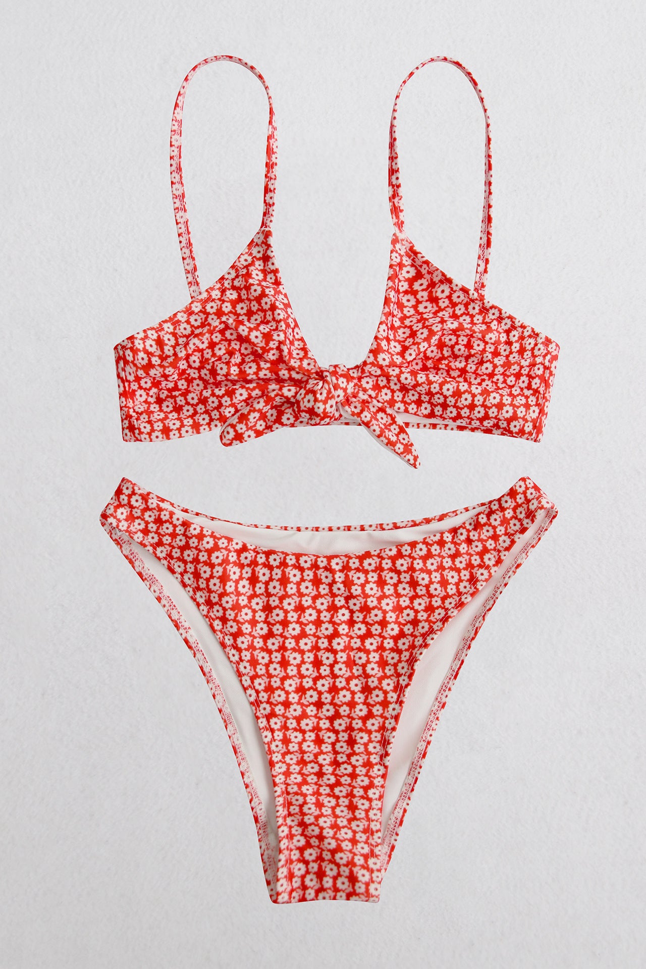 Leopard Front Tie Spaghetti Strap High Cut Bikini Set