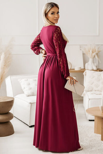 Long Sleeve Lace Detail Surplice Tie-Waist Maxi Dress