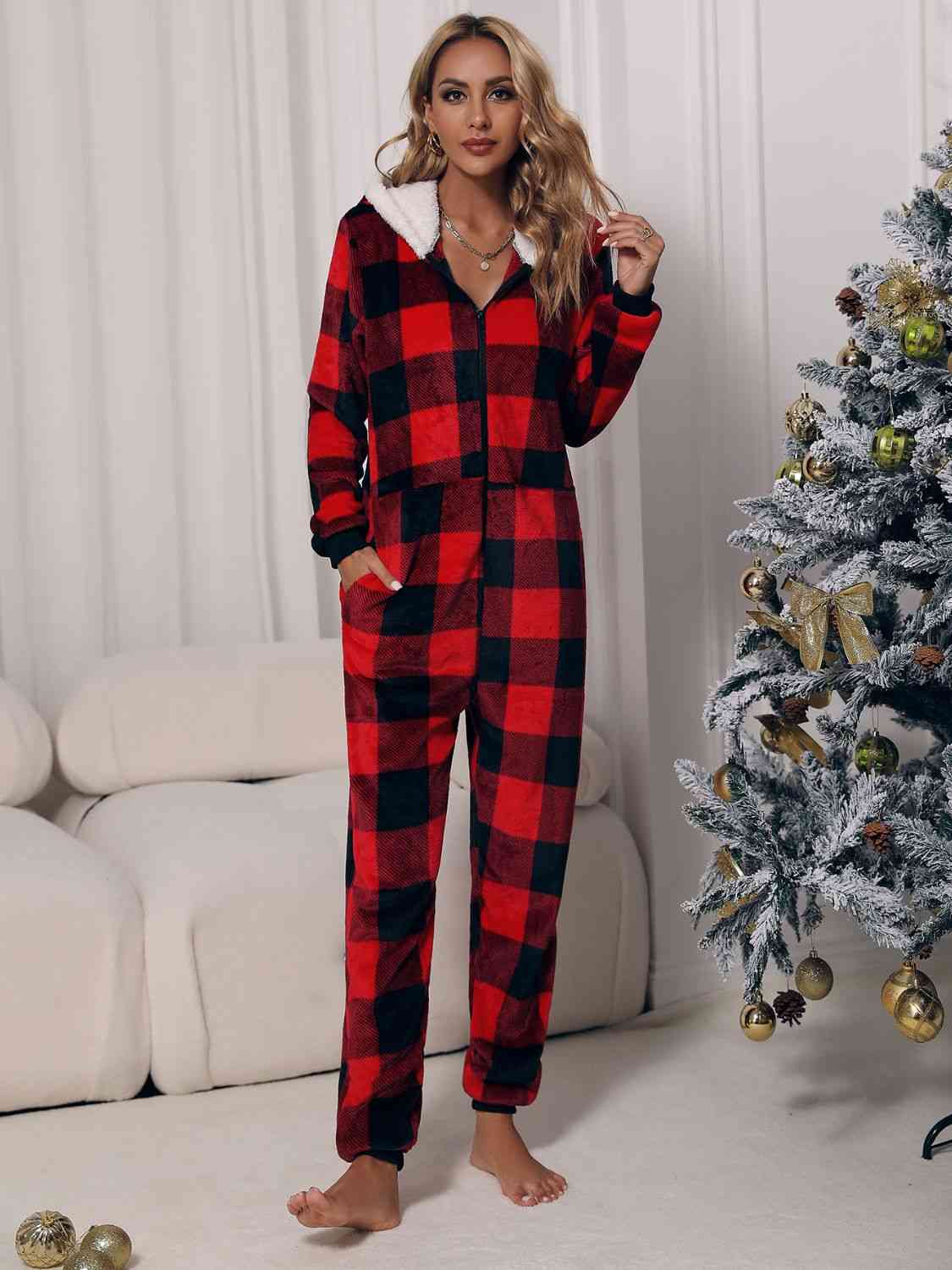 Snuggle Haven Pocketed Plaid Hooded Romper