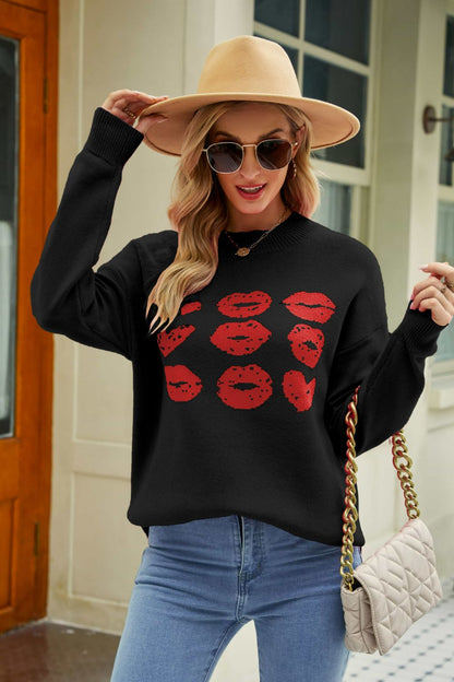 Lips and Kisses Dropped Shoulder Sweater