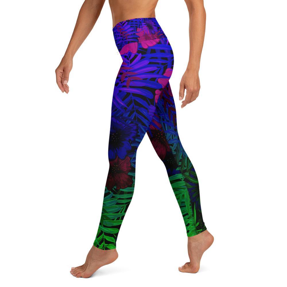 Neon Dark Tropical Flowers Purple to Green - High Waist Yoga Leggings - JML Design Yoga